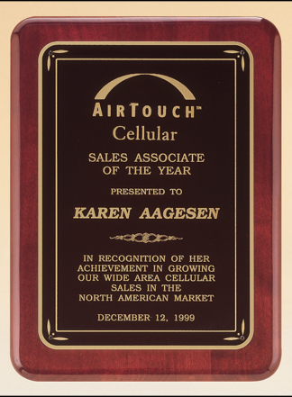 Rosewood stained piano finish plaque with gloss black border and matte black center.
