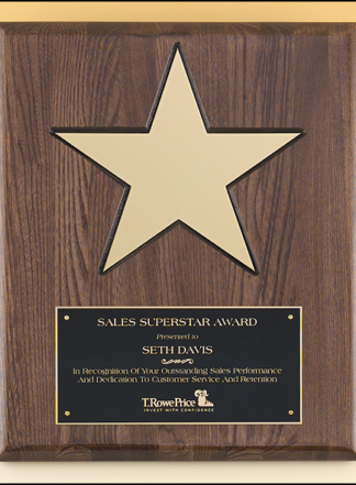 Piano Finish Plaques Gold aluminum star (8") on walnut stained  piano-finish board with black recessed area.