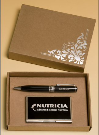 Chrome plated pen and business card case with black accents.  Eco-friendly packaging.